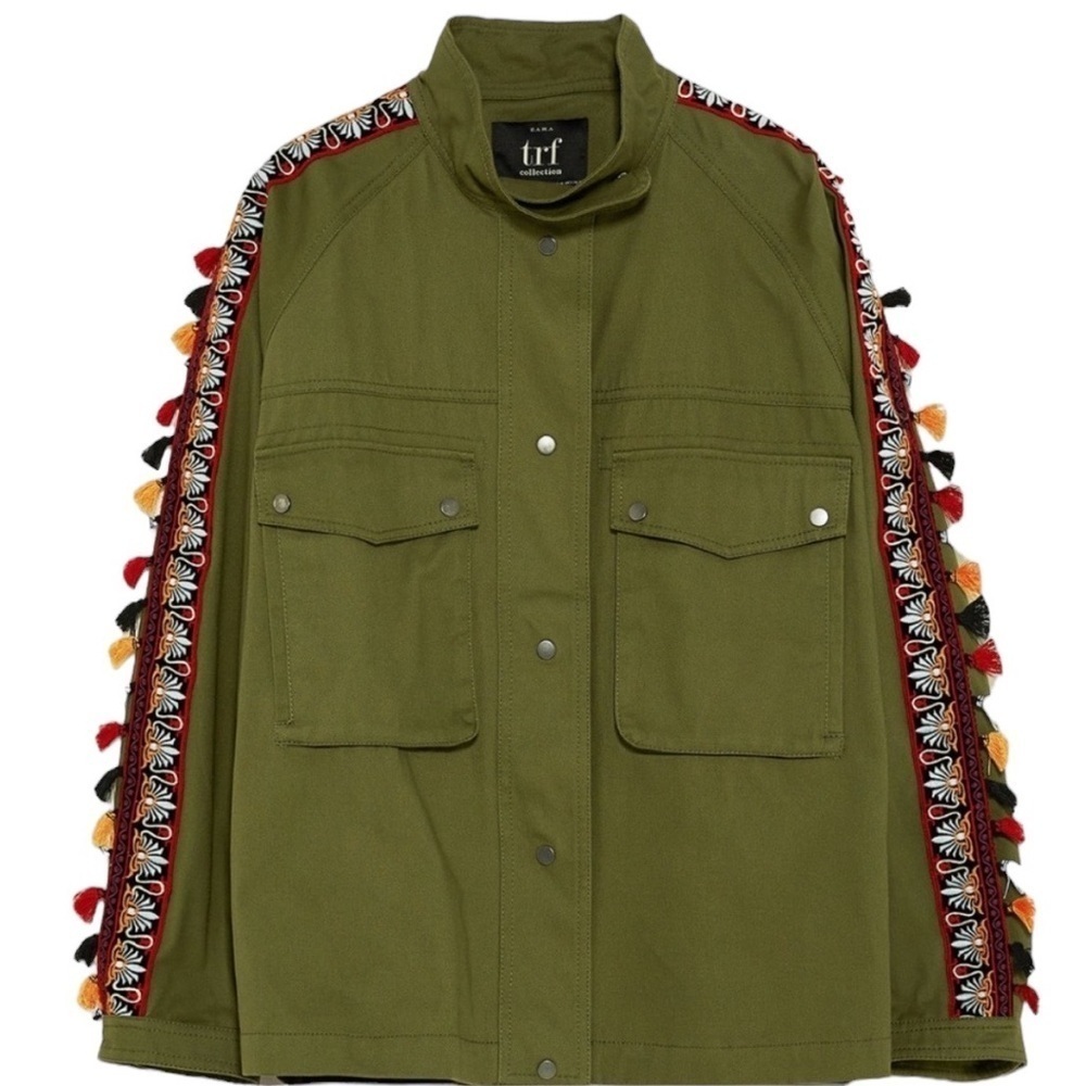 ZARA Greenish Parka w/ High Collar Colorful Trim w/ Tassels Size S/M - Picture 6 of 8